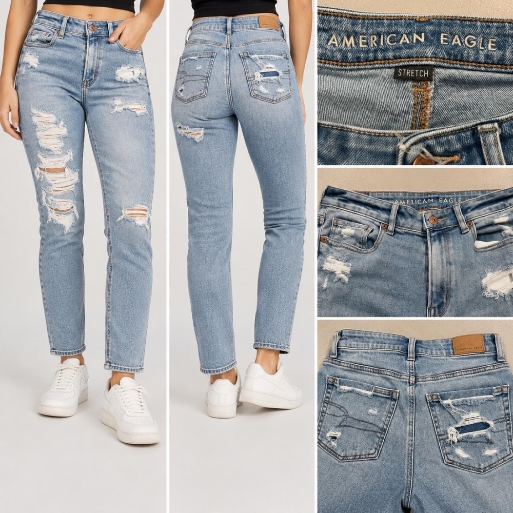 American Eagle High Waisted Distressed Mom Jeans Light Wash Stretch Size 2